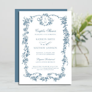 Dusty Blue Monogram  Elegant Couples Shower Kaart