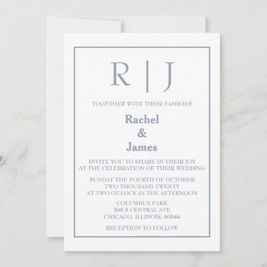 Dusty Blue Monogram Elegante Classy Minimal Weddin Kaart (Voorkant)