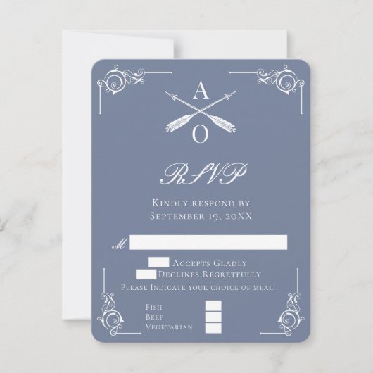 Dusty Blue Monogram en Pijlen Bruiloft RSVP Kaart (Voorkant)