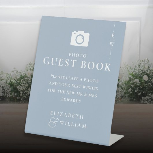 Dusty Blue Monogram Foto Gastboek Trouwen Reclamebord Met Voetstuk