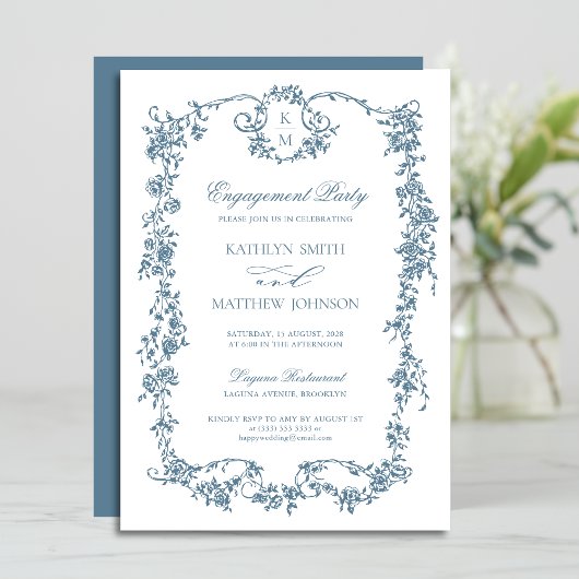 Dusty Blue Monogram Lijst Verlovingsfeest Kaart