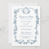 Dusty Blue Monogram Lijst Verlovingsfeest Kaart (Voorkant)