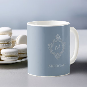 Dusty Blue Monogram Naam Elegant  Crest Koffiemok