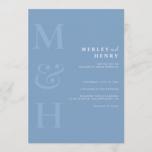 Dusty Blue Monogram QR Code All In One Wedding Kaart (Voorkant)