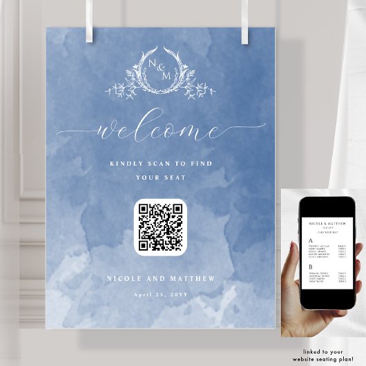 Dusty Blue Monogram QR Code Seating Plan Sign Poster
