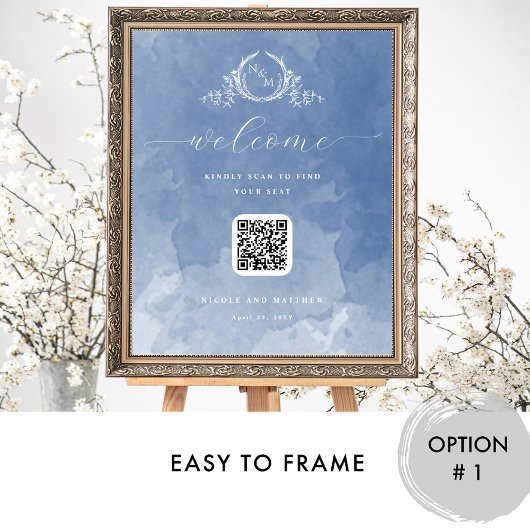 Dusty Blue Monogram QR Code Seating Plan Sign Poster