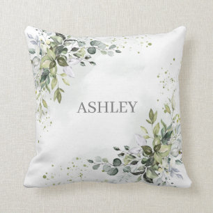 Dusty Blue Monogram Waterverf Greenery Naam Kussen