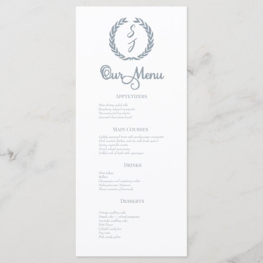 Dusty Blue Monogram Wreath White Dinner Menu (Devant)