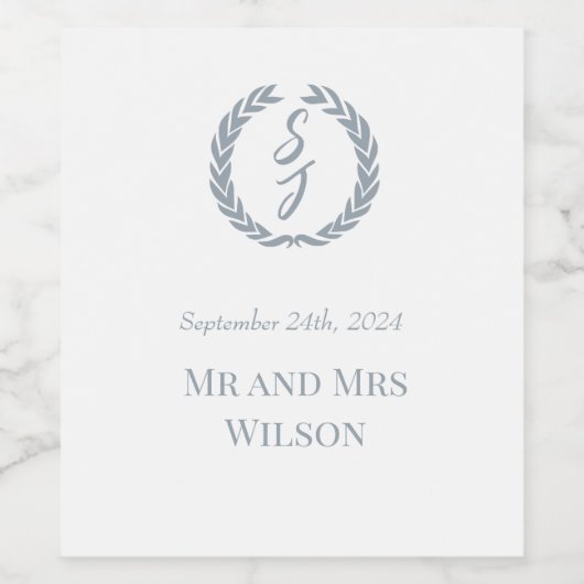 Dusty Blue Monogram Wreatwhite Wijn Etiket (Enkel label)