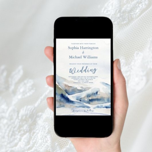 Dusty Blue Mountains Wedding Invitation QR Code Kaart