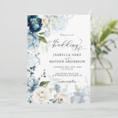 Dusty Blue Navy Beige Alles in 1 QR Code Wedding Kaart (Staand voorkant)