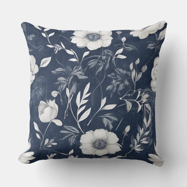 Dusty Blue Navy Blauw Wit Bloemen Kussen (Voorkant)