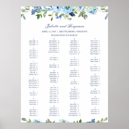 Dusty Blue Navy Bloemen Bruiloft Zitkaarten Poster (Voorkant)