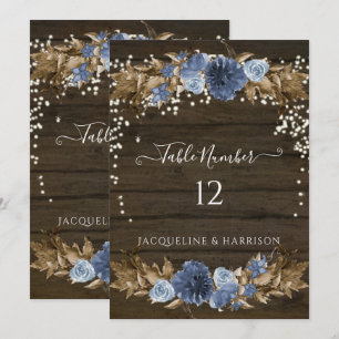 Dusty Blue Navy Bloemen Rustieke Lichten Tafelnumm Kaart
