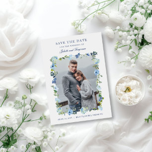 Dusty Blue Navy Bloemen Trouwfoto Save The Date