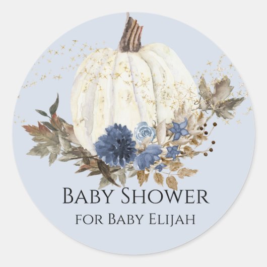 Dusty Blue Navy Bloemen Wit Pompoen Baby shower Ronde Sticker (Voorkant)