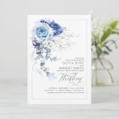 Dusty Blue & Navy Blue Boho Silver Floral Wedding Kaart (Staand voorkant)