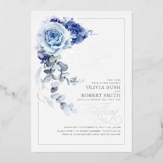 Dusty Blue & Navy Blue Floral Boho Wedding Folie Uitnodiging (Voorkant)