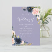 Dusty Blue Navy & Blush Flowers Faire-part de mari (Debout devant)
