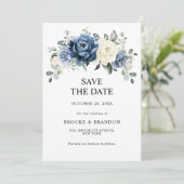 Dusty Blue Navy Champagne Ivoor Chic Photo Wedding Save The Date (Staand voorkant)