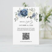 Dusty Blue Navy Champagne Ivoor Floral QR Code RSVP Kaartje (Staand voorkant)