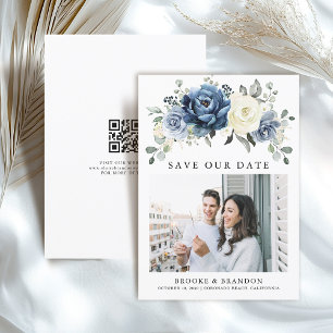 Dusty Blue Navy Champagne Ivoor Floral QR Code Save The Date