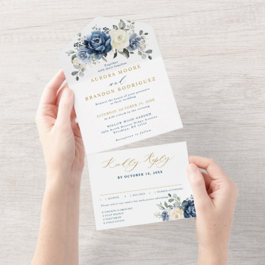 Dusty Blue Navy Champagne Ivoor gouden bruiloft All In One Uitnodiging (Afscheurbaar)