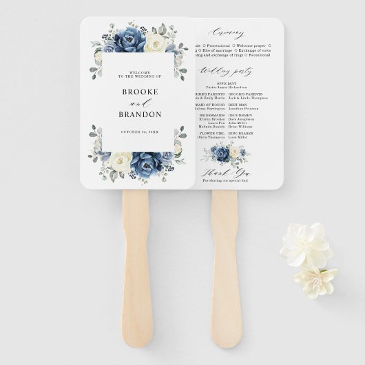 Dusty Blue Navy Champagne Ivoor Programma Hand Fan Handwaaier (Voorkant en achterkant)