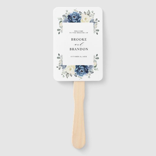 Dusty Blue Navy Champagne Ivoor Programma Hand Fan Handwaaier (Voorkant)