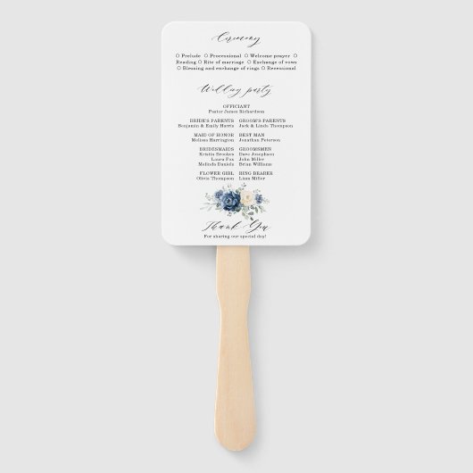 Dusty Blue Navy Champagne Ivoor Programma Hand Fan Handwaaier (Achterkant)