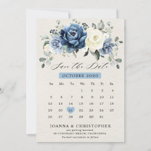 Dusty Blue Navy Champagne Ivory Floral kalender Sa Save The Date