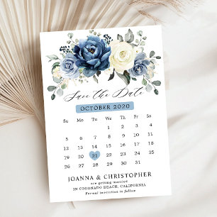 Dusty Blue Navy Champagne Ivory Floral kalender Save The Date