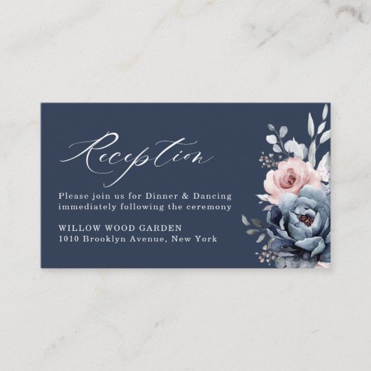 Dusty Blue Navy Champagne Ivory Floral Reception E Informatiekaartje (Voorkant)