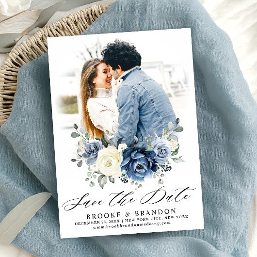 Dusty Blue Navy Champagne Ivory Floral Save The Date