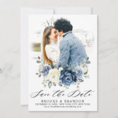 Dusty Blue Navy Champagne Ivory Floral Save The Date (Voorkant)