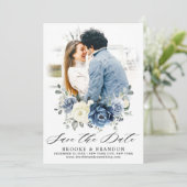 Dusty Blue Navy Champagne Ivory Floral Save The Date (Staand voorkant)