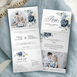 Dusty Blue Navy Champagne Ivory Floral Wedding Drieluik Aankondiging