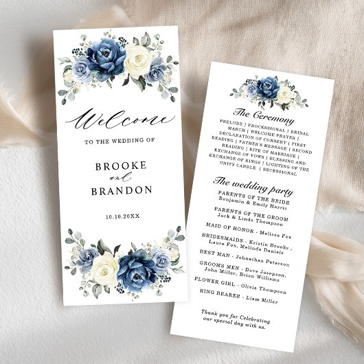 Dusty Blue Navy Champagne Ivory Floral Wedding Programma