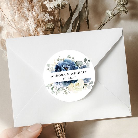 Dusty Blue Navy Champagne Ivory Floral Wedding Ronde Sticker