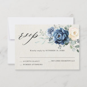 Dusty Blue Navy Champagne Ivory Floral Wedding RSV RSVP Kaartje