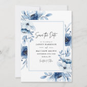Dusty Blue Navy Champagne Ivory Floral Wedding Save The Date (Voorkant)
