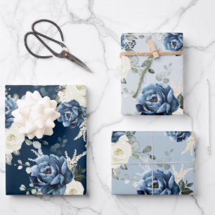 Dusty Blue Navy Champagne Ivory Floral Wedding Wra Inpakpapier Vel