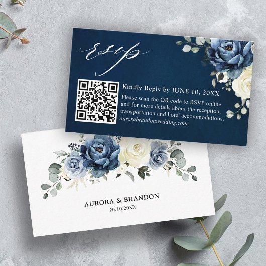 Dusty Blue Navy Champagne Ivory QR code RSVP Enclo Informatiekaartje
