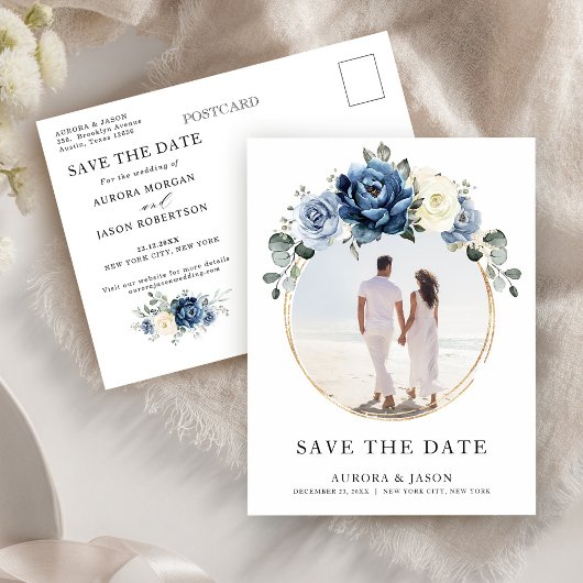 Dusty Blue Navy Champagne Ivory Save the Date Aankondigingskaart