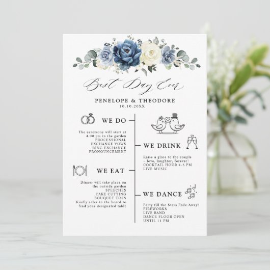 Dusty Blue Navy Champagne Ivory Wedding Programme (Debout devant)