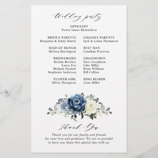 Dusty Blue Navy Champagne Ivory Wedding Programme (Dos)