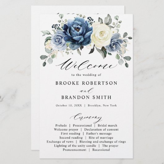 Dusty Blue Navy Champagne Ivory Wedding Programme (Devant / Derrière)