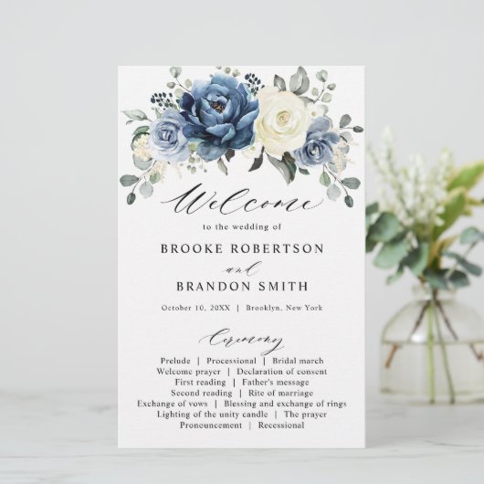 Dusty Blue Navy Champagne Ivory Wedding Programme (Debout devant)