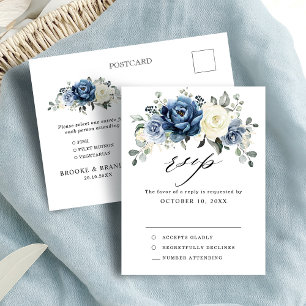 Dusty Blue Navy Champagne Ivory Wedding RSVP Postc Briefkaart