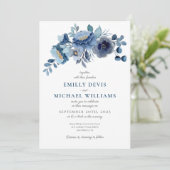 Dusty Blue Navy Faire-part de mariage floral d'ivo (Debout devant)